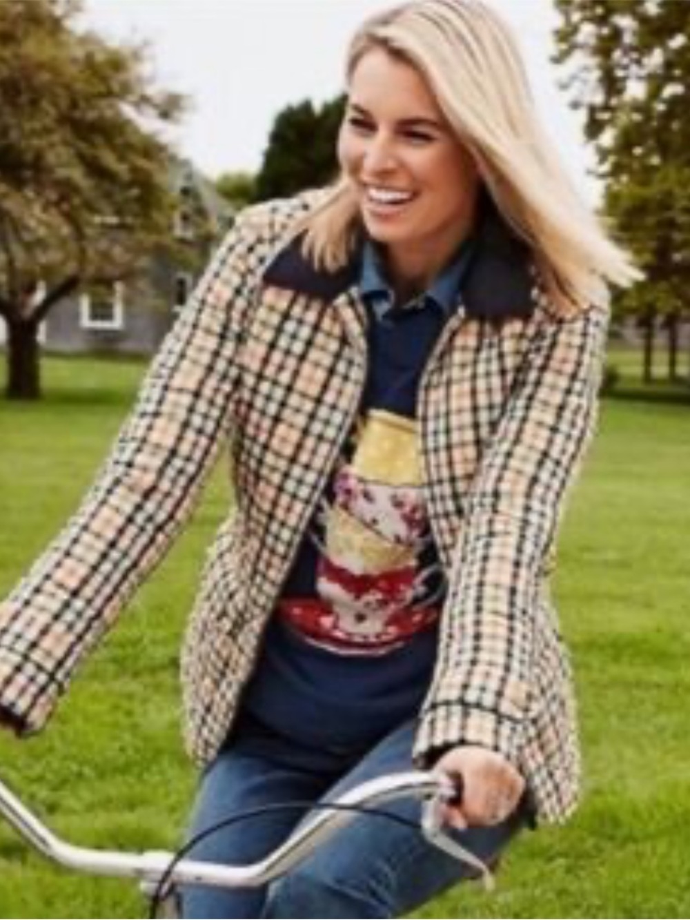 Talbots Navy Blue & Cream Plaid Quilted Jacket & blue corduroy collar nwot